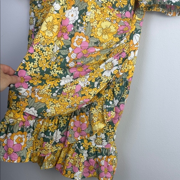 RAHI The Petra Dress Puff Sleeve Ruched Fauxed Wrap Ruffle Floral Cotton Large - Picture 7 of 16